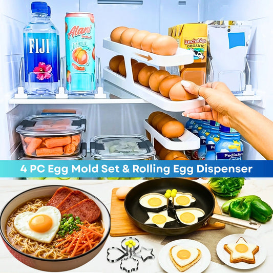 2-in-1 Kitchen Bundle: Auto-Rolling Egg Dispenser Rack + 4-Piece Stainless Steel Egg Mold Set