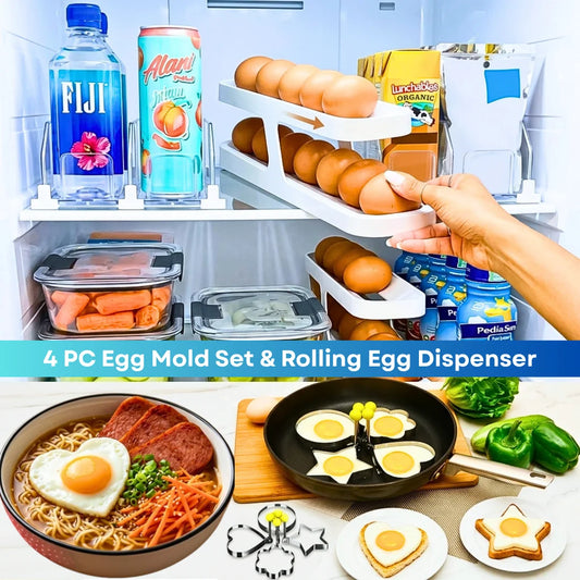 2-in-1 Kitchen Bundle: Auto-Rolling Egg Dispenser Rack + 4-Piece Stainless Steel Egg Mold Set