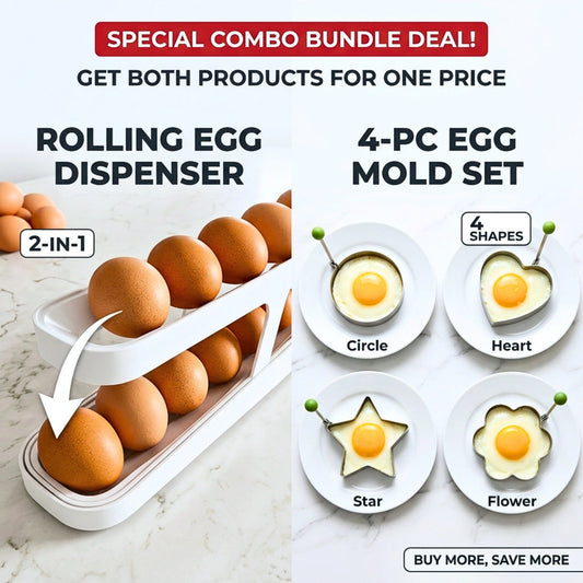 2-in-1 Kitchen Bundle: Auto-Rolling Egg Dispenser Rack + 4-Piece Stainless Steel Egg Mold Set