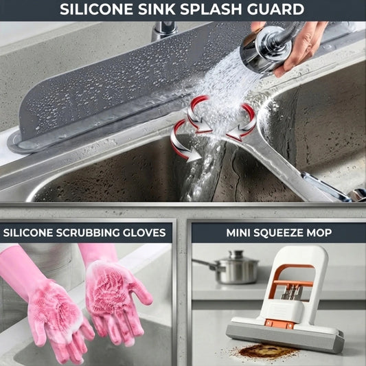 3-in-1 Kitchen Cleaning Bundle: Silicone Splash Guard + Scrubbing Gloves + Self-Squeezing Mop