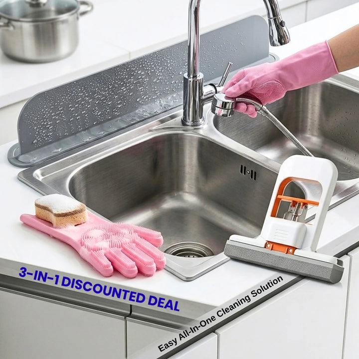 3-in-1 Kitchen Cleaning Bundle: Silicone Splash Guard + Scrubbing Gloves + Self-Squeezing Mop