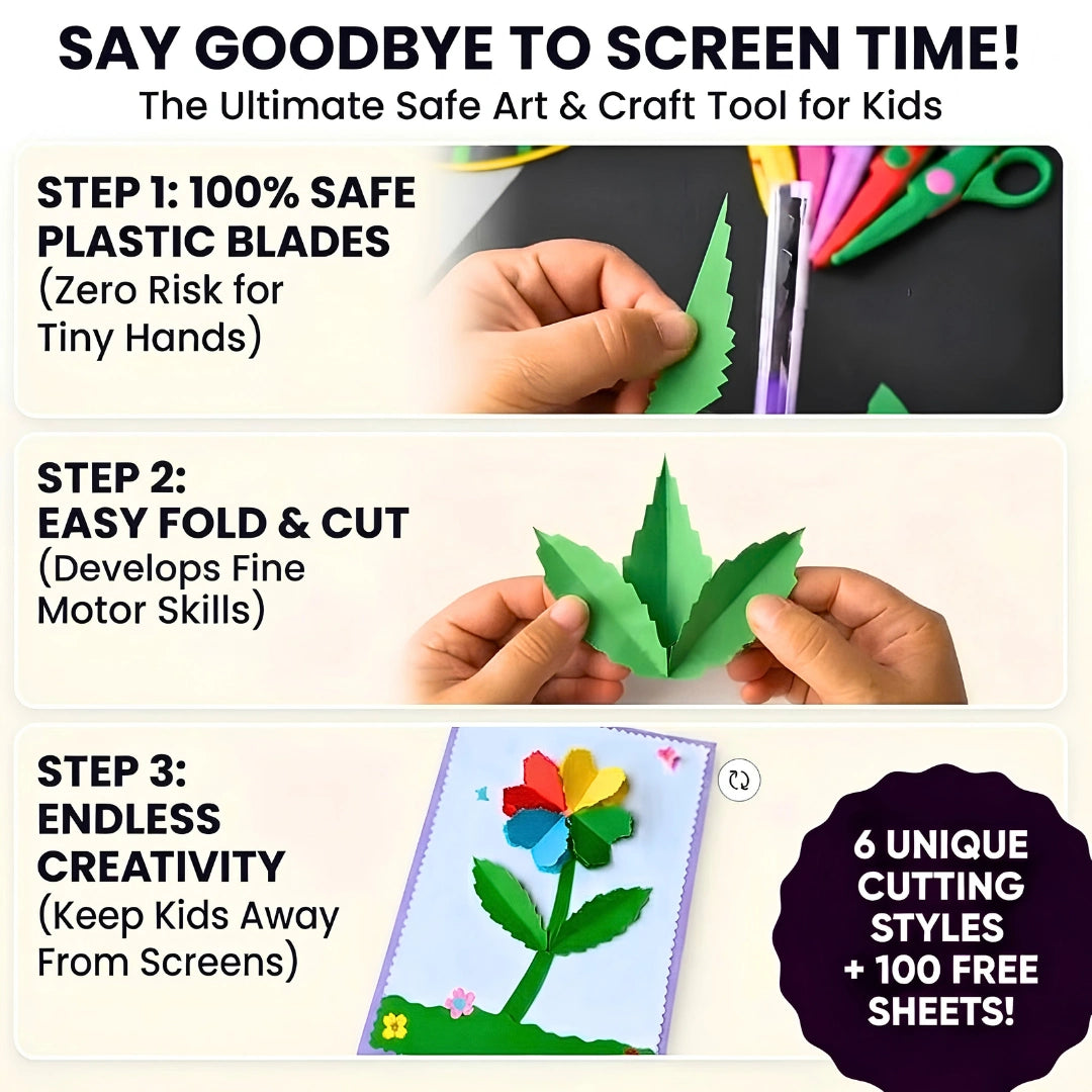 Pack of 6 Kids Safe Craft Scissors Set + 100 Bonus Craft Sheets