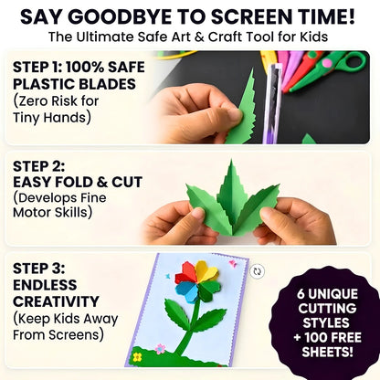 Pack of 6 Kids Safe Craft Scissors Set + 100 Bonus Craft Sheets