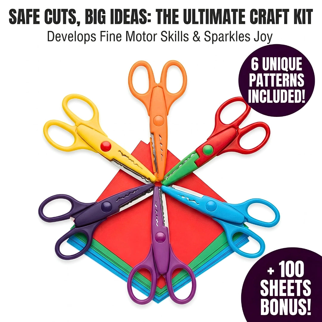 Pack of 6 Kids Safe Craft Scissors Set + 100 Bonus Craft Sheets