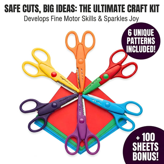 Pack of 6 Kids Safe Craft Scissors Set + 100 Bonus Craft Sheets